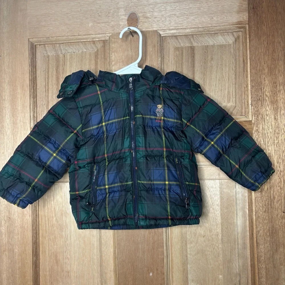 Ralph Lauren Green and Blue Plaid Kids Puffer Jacket size 24 M